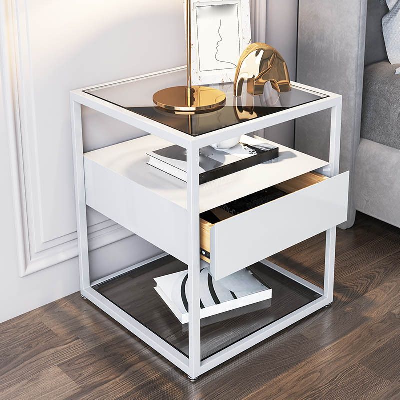 Modern Style Metallic White/gold/black Tempered Glass Table Top Nightstand Clearhalo 'Bedroom Furniture' 'furn' 'furn_night_stand' 'Furniture' 'night_stand' 'Nightstands' 1200x1200_a9845797-e36c-4f37-ba01-3c69976e8606