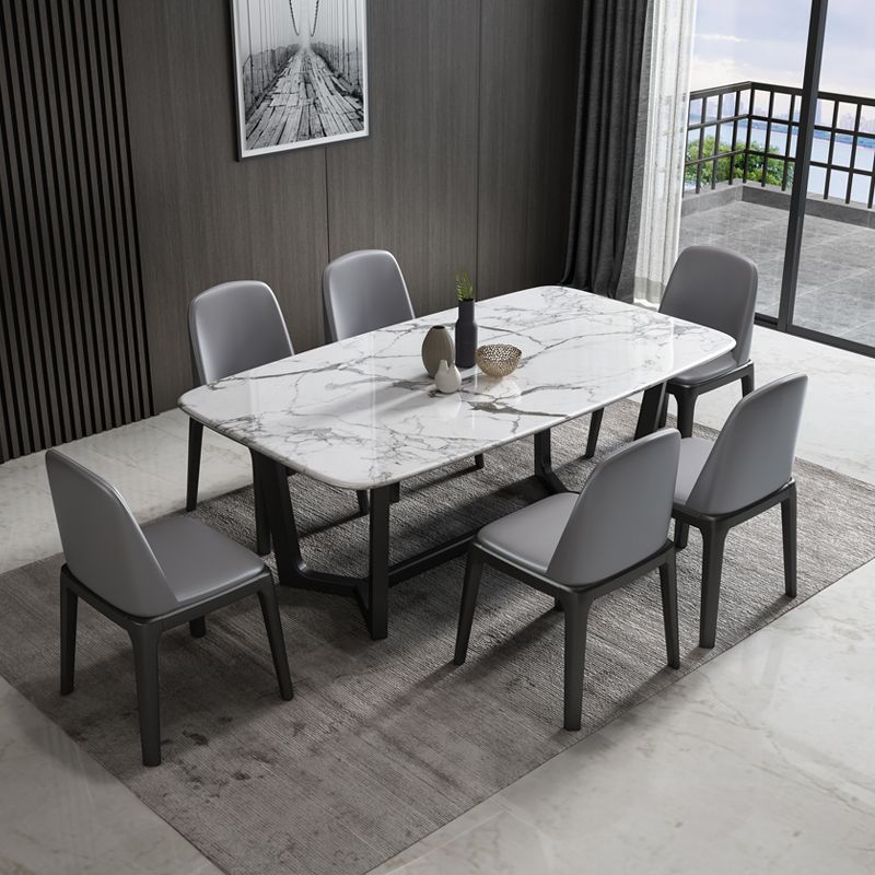 Table de dîner fixe en marbre rectangulaire de style simplicité avec base à tréteaux