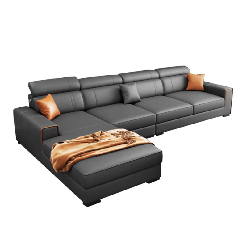 Dark Grey Faux Leather Sectional with Square Arm for Living Room