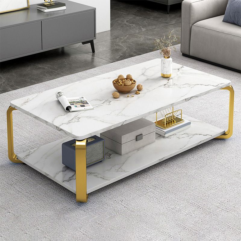 Modern Wooden Rectangular Top Coffee Table Steel 4 Legs Cocktail Table with Shelf
