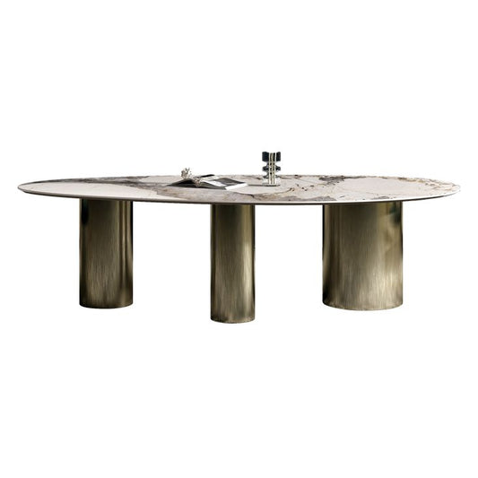 Traditional Luxury Oval Dining Room Table White Sintered Stone Table with 3 Gold Legs