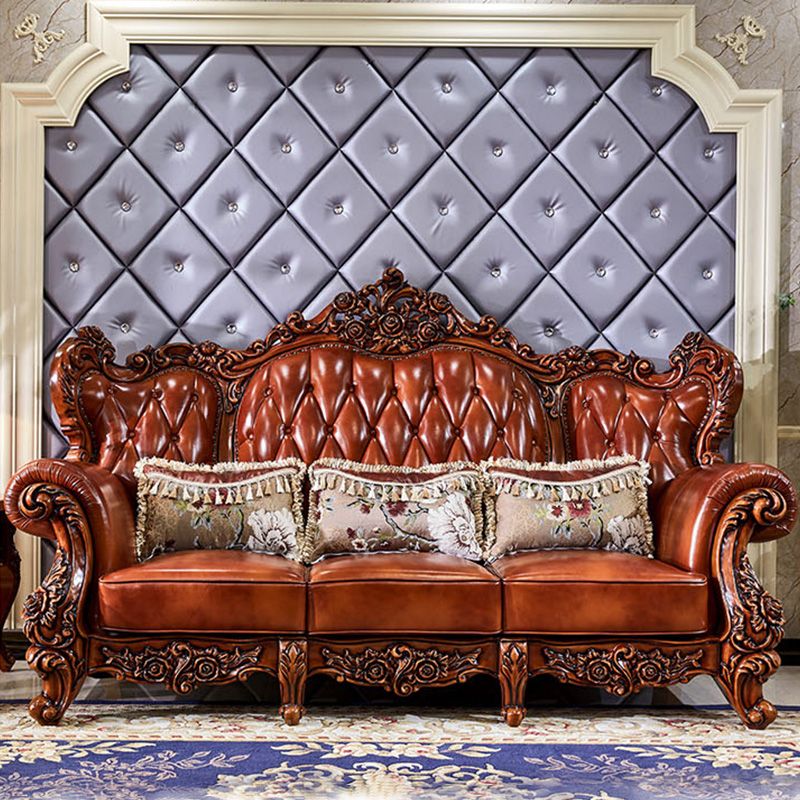 本革ソファ茶色の房状のスプリットバックロールアームソファリビングルーム用