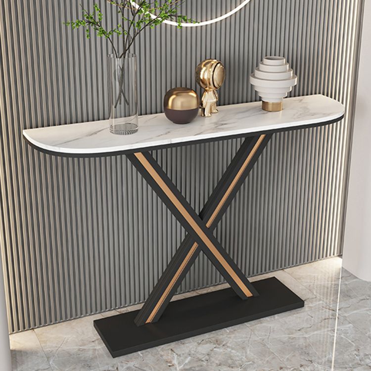 Half Moon Stone Top Accent Table with Black Iron Pedestal Base Clearhalo 'Console Tables' 'console_tables' 'Entry & Mudroom Furniture' 'furn' 'furn_console_tables' 'Furniture' 1200x1200_a9df5e5b-81f7-49f2-845a-e2e50921f7a2