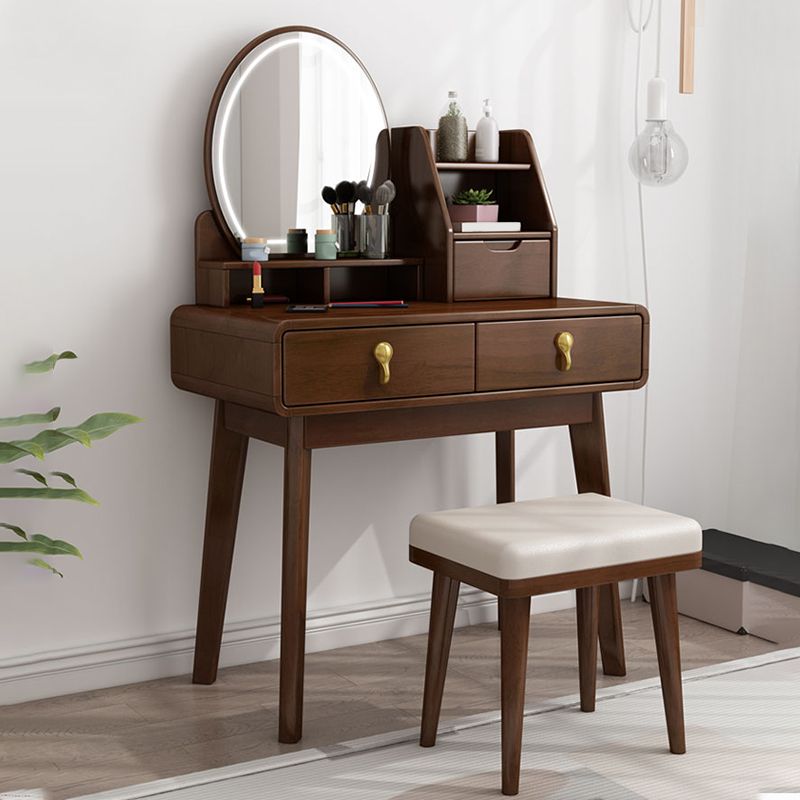 Natural/Brown Wooden Vanity with Mirror, 2 Drawers Dresser - 27.56"/31.5" W