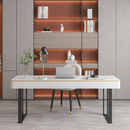 Bureau de traîneau moderne en pierre et bureau d'écriture en métal avec 2 tiroirs de rangement