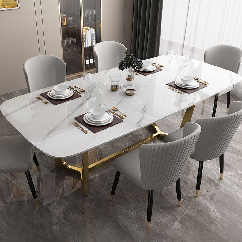 Luxury Sintered Stone Top Table Rectangle Table with Trestle Base in Gold Clearhalo 'Dining Tables & Seating' 'Dining Tables' 'dining_table' 'furn' 'furn_dining_table' 'Furniture' 'furniture_dining_table' 'Kitchen & Dining Furniture' 'kitchen' 'kitchen_dining_table' 1200x1200_aa100bde-7540-4de7-bb54-ff4f861149ac