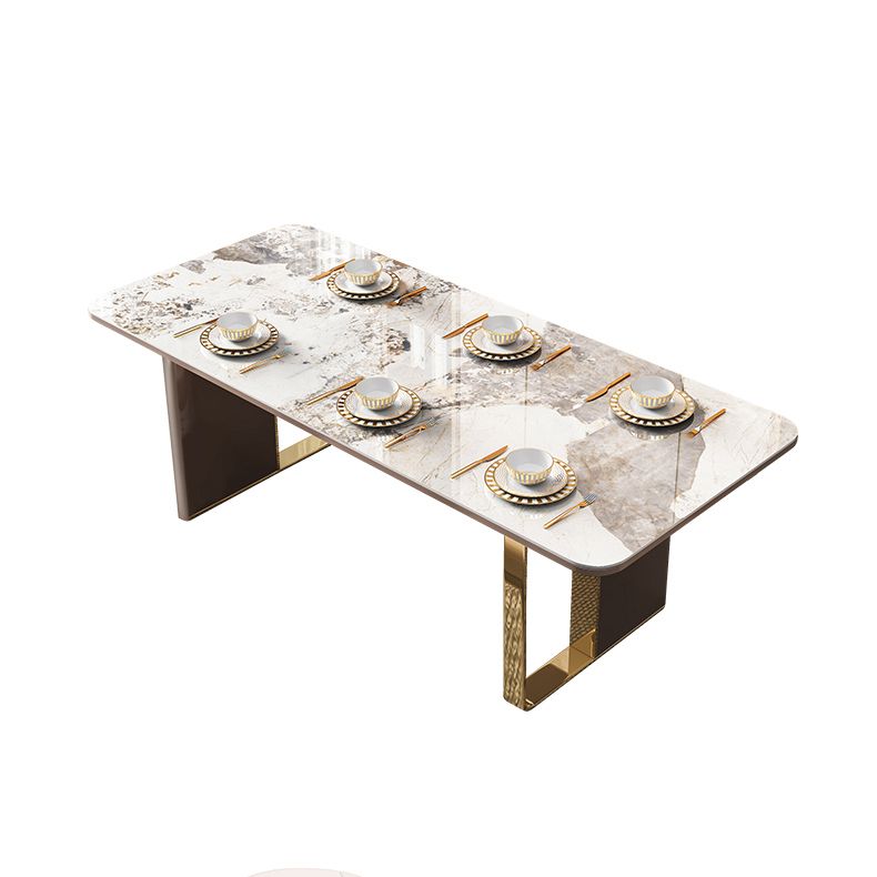 Modern Sintered Stone Table Set of 5/7 with Rectangle Table Dining Set with Gold Double Pedestal Clearhalo 'Dining Room Sets' 'Dining Tables & Seating' 'dining_room_set' 'furn' 'furn_dining_room_set' 'Furniture' 'furniture_dining_room_set' 'Kitchen & Dining Furniture' 'kitchen&dining_furn' 'kitchen' 1200x1200_aa15b765-e8a3-4e9c-8e35-90326915d4ba