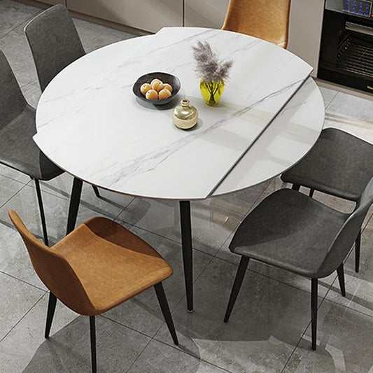 Extendable Round Dining Table Modern Sintered Stone Top Table with Metal 4 Legs