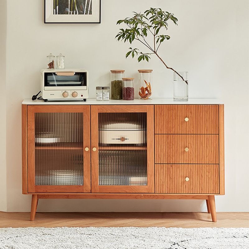 Stone Top Sideboard Modern Cherry Wood with Glass Door in Teak Clearhalo 'buffet_sideboard' 'Buffets & Sideboards' 'furn' 'furn_buffet_sideboard' 'Furniture' 'Kitchen & Dining Furniture' 1200x1200_aa3b1e8d-5c16-405c-abba-771a30097057
