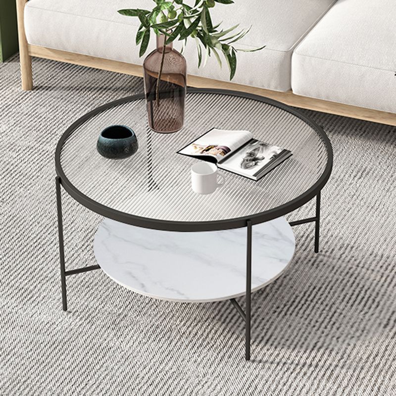 Modern Round Glass & Slate Coffee Cocktail Table with Storage Shelf
