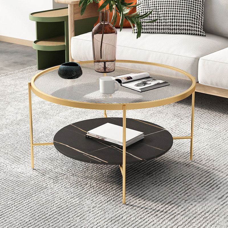 Modern Style Round Glass Table Plate Metal 4 Legs Base with Storage Rack Coffee Table Clearhalo 'Coffee & Accent Tables' 'Coffee Tables' 'coffee_tables' 'furn' 'furn_coffee_tables' 'Furniture' 'Living Room Furniture' 1200x1200_aa60f3f7-6dc9-47bc-908c-4f8d22a547b5