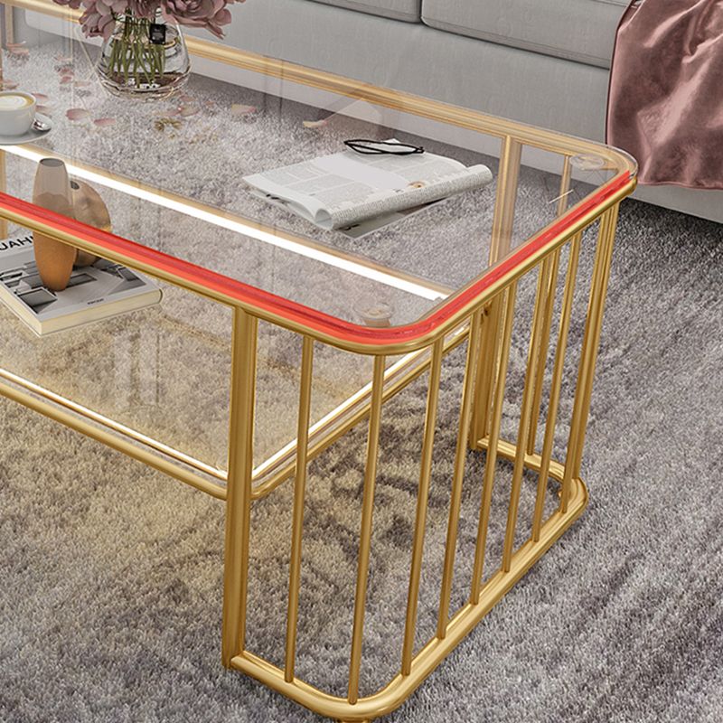 Glam Rectangle Coffee Table with Golden Frame Base and Storage Shelf