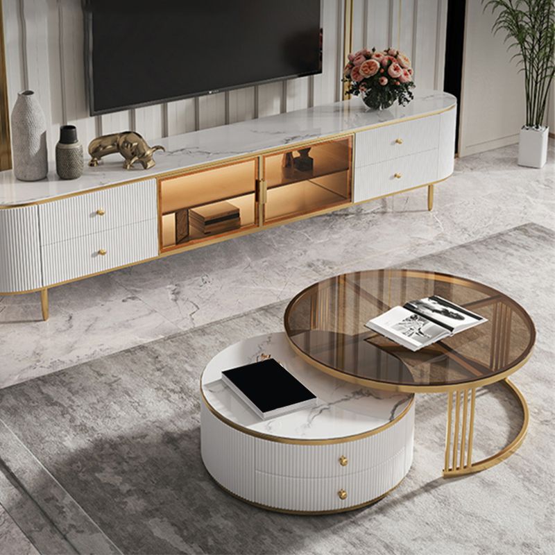 Slate/Glass Top Coffee Table with 2 Storage Drawers Modern Round