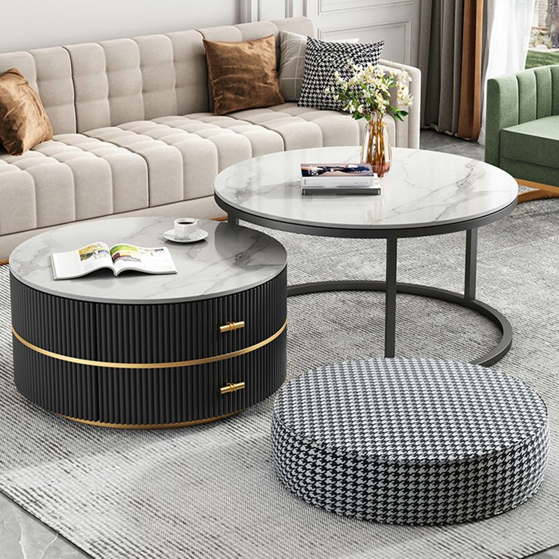 Round Slate Coffee Table Set Frame Cocktail Table with 2 Storage Drawers Clearhalo 'Coffee & Accent Tables' 'Coffee Tables' 'coffee_tables' 'furn' 'furn_coffee_tables' 'Furniture' 'Living Room Furniture' 1200x1200_aadfcf30-3c52-4ec5-a9cf-7158ba67d3d6