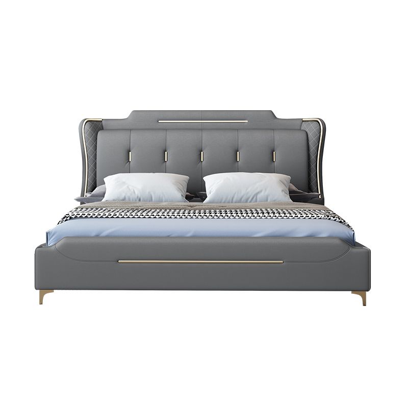 Cama de panel glamoroso de cuero sintético con cabecera tapizada de madera