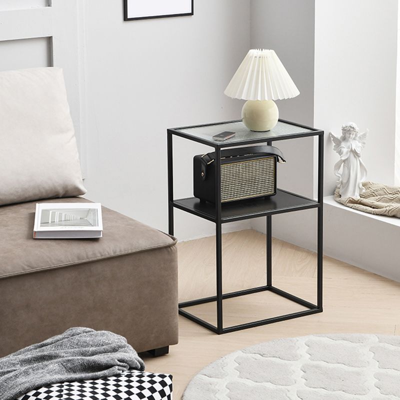Modern 15.7-inch Rectangular Glass Top Side Table Iron Frame End Table with Shelf