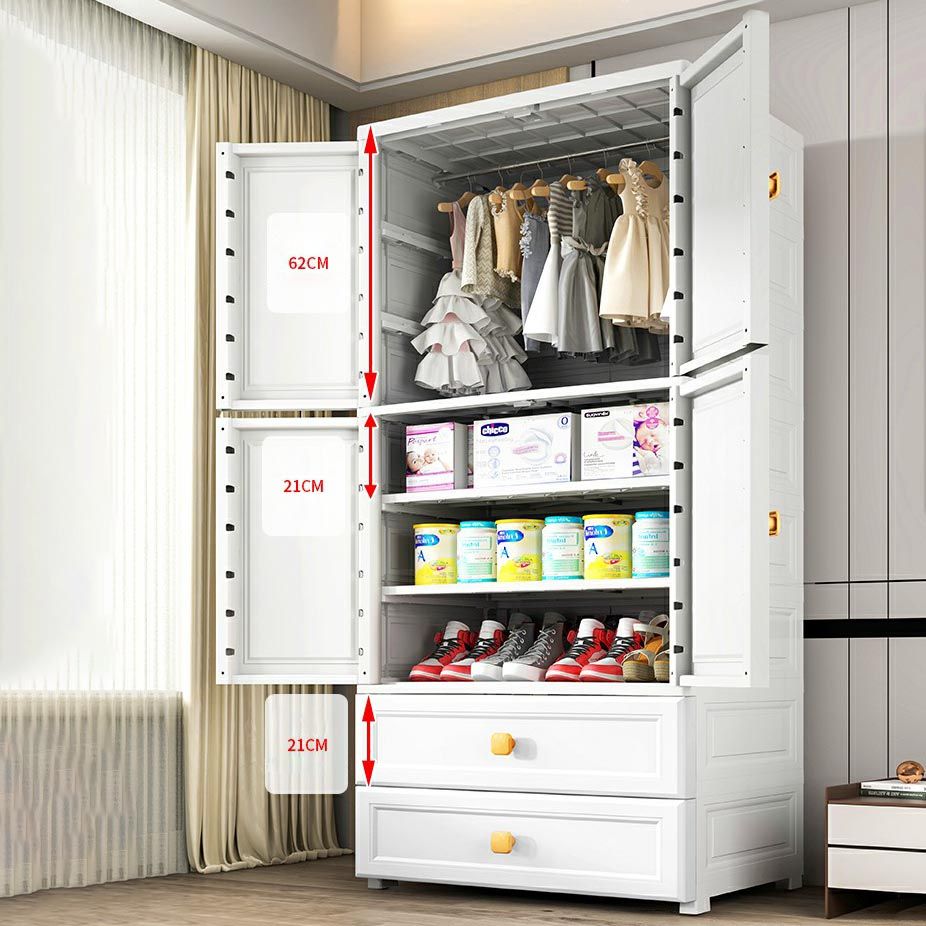 Armata di plastica bianca, guardaroba a 2 porte con 2-cassetti e canna da abbigliamento