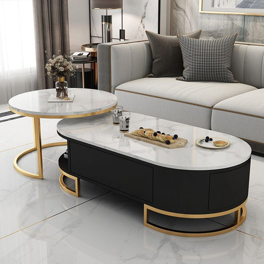 Mesa de café de la base de pedestal glamoroso con tapa de piedra y base de metal