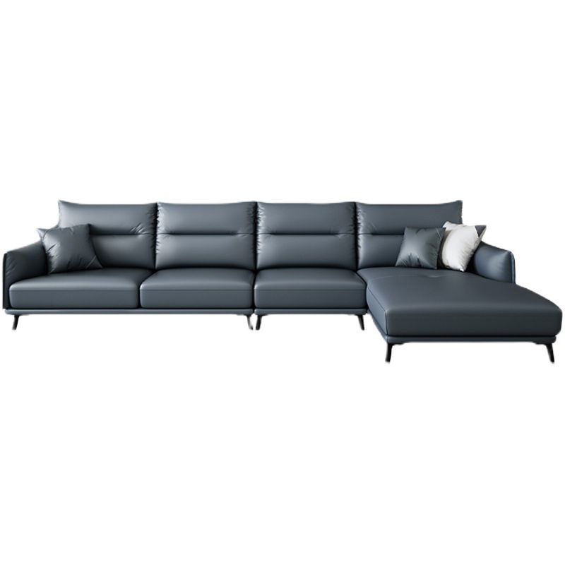 Blue Pillow Back Sectional Genuine Leather L-shape 3/4-Seat Sectional