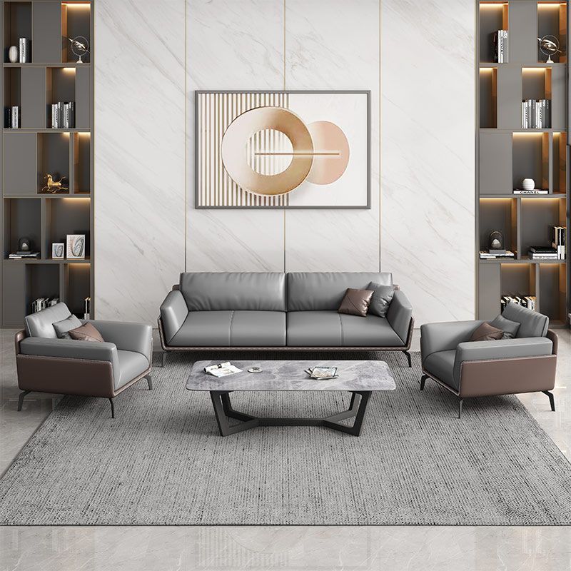 Modern Style Gray Leather Sofa Flared Arm Loose Back Sofa with Pillows Clearhalo 'furn' 'furn_sofas' 'Furniture' 'Living Room Furniture' 'Sofa' 'sofas' 1200x1200_ab461bea-5c53-4de4-a25e-e4401ea1ce9a