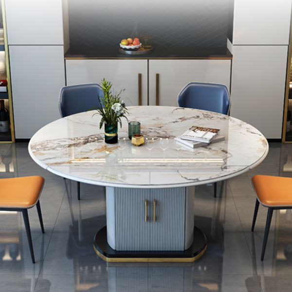 Table à manger extensible moderne, plateau rond en pierre blanche avec rangement