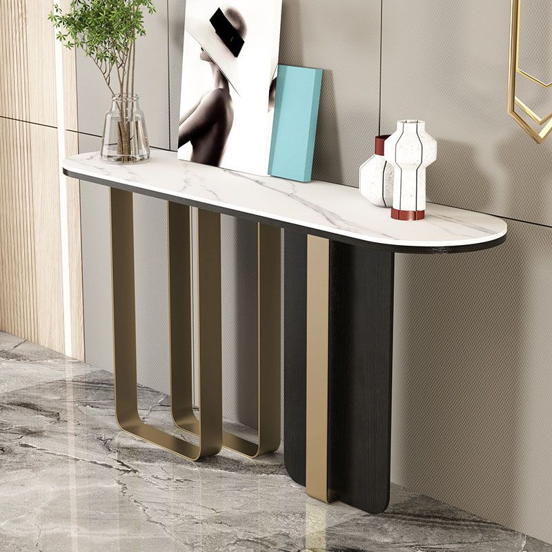 Glam Metal Console Sofa Table Oval Stone Console Accent Table for Hall Clearhalo 'Console Tables' 'console_tables' 'Entry & Mudroom Furniture' 'furn' 'furn_console_tables' 'Furniture' 1200x1200_ab769e74-5e7b-4cd5-8569-bfbc2195c062
