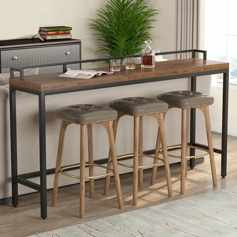 Mesa industrial con altura de barra, mesa de pub con tapa de madera maciza y base negra