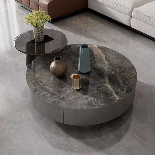 Modern Gray Cocktail Table Round Glass /  Slate Coffee Table