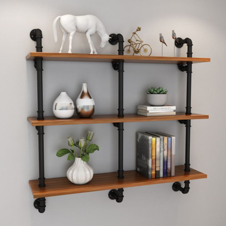 Metal and Wooden Floating Shelf Modern Natural Wall Mounted Bookshelf for Study Room