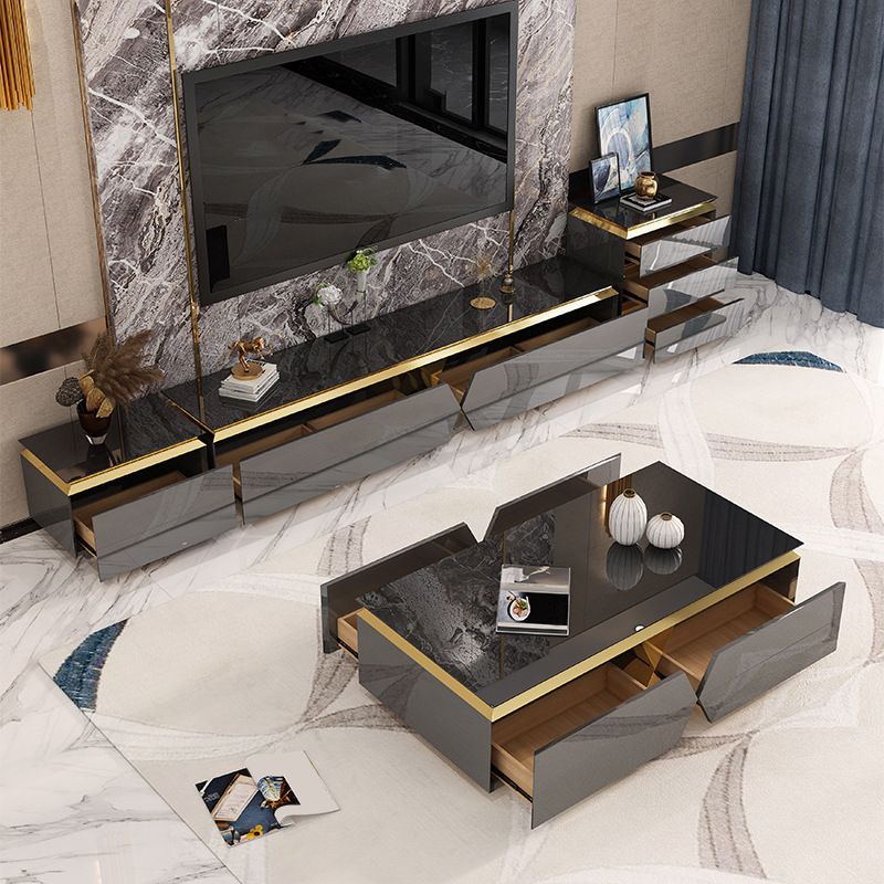 Support multimédia pour téléviseur Glam de 16 po de largeur, console multimédia pour téléviseur en verre avec rangement fermé et tiroirs