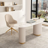 Modern Stone Office Desk Irregular Shape Task Desk with 3-Drawers in White