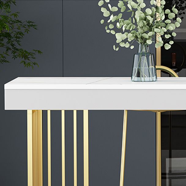 Marble Table with Rectangle Table Top Gold Double Pedestal Table- 41.3" H Clearhalo 'Bar Furniture' 'Bar Tables' 'bar_tables' 'furn' 'furn_bar_tables' 'Furniture' 'furniture_bar_tables' 'Kitchen & Dining Furniture' 1200x1200_abcafc42-ee95-4204-a14f-6d2b783ffe92