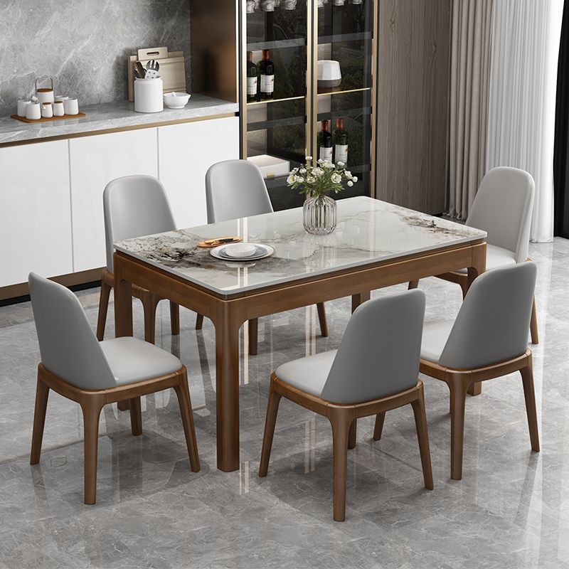 Mesa de comedor de piedra gris rectangular moderna con 4 patas de madera de goma