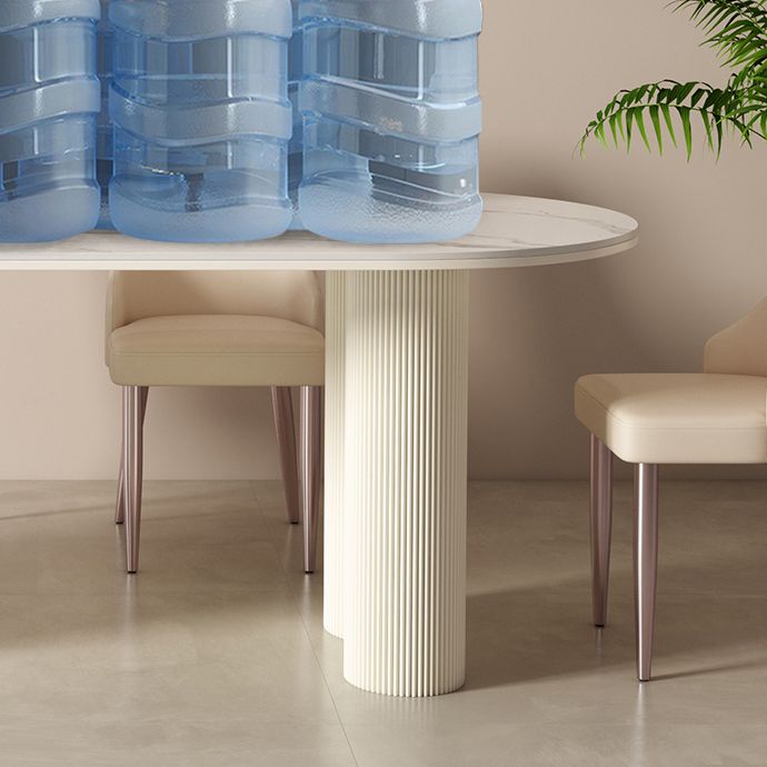 Modern Linen White Finish Oval Stone Top Dining Table with Double Pedestal Base