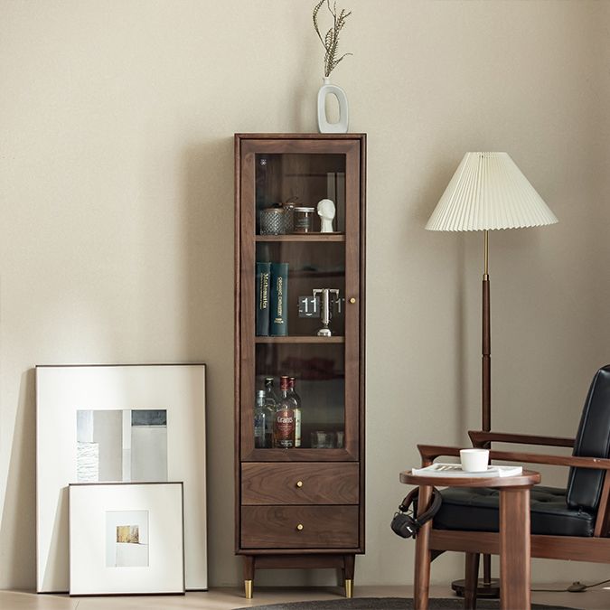 66.9" Tall 2-Drawer Accent Cabinet Solid Wood Glass Paned Side Cabinet in Walnut Brown Clearhalo 'Cabinets & Chests' 'cabinets_chests' 'furn' 'furn_cabinets_chests' 'Furniture' 'Living Room Furniture' 1200x1200_ac267bdb-7ee5-4c82-b411-607490d96b8c