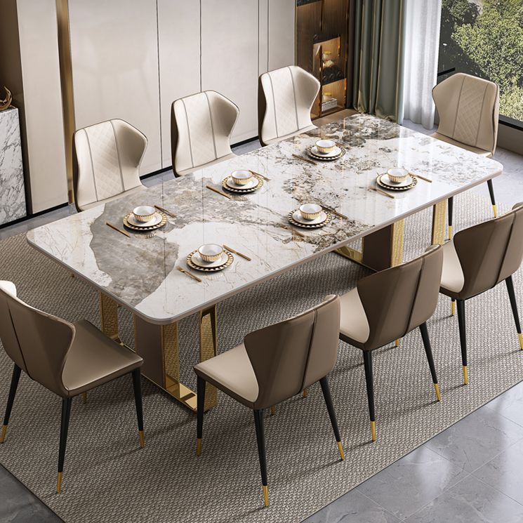 Traditional Luxury Sintered Stone Top Dining Table Rectangle Table With Metal Double Pedestal Clearhalo ' dining_table' 'Dining Tables & Seating' 'Dining Tables' 'furn' 'furn_dining_table' 'Furniture' 'furniture_dining_table' 'Kitchen & Dining Furniture' 'kitchen&dining_furn' 'kitchen' 'kitchen_dining_table' 1200x1200_ac2c512c-a23a-48bc-9f80-e3188ce8ac77