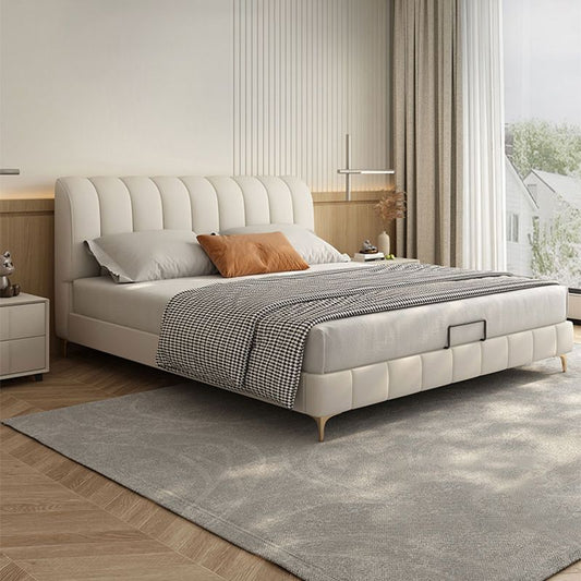 Upholstered Headboard Standard Bed Solid Wood Slat Bed in White