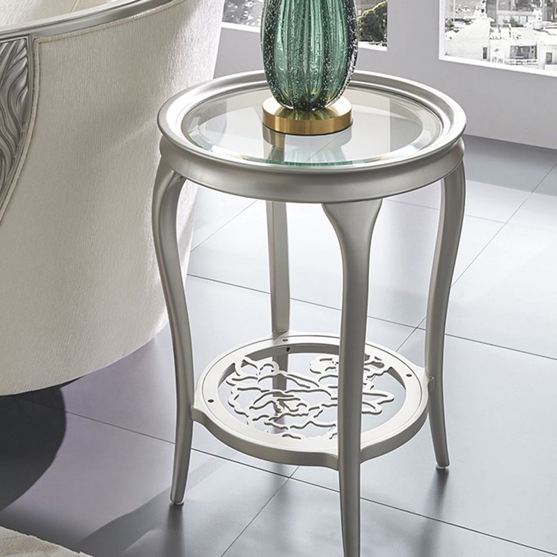 Table d'appoint en verre rond de 25,6 "de haut en bois à 4 jambes table de bout avec étagère