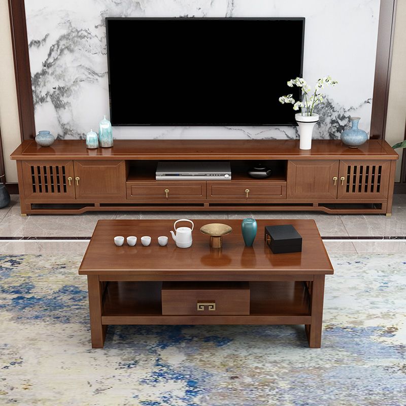 Traditional TV Media Stand Open Shelving Rubberwood TV Stand Console with Drawers Clearhalo 'furn' 'furn_tv_stands_entertainment_centers' 'Furniture' 'Living Room Furniture' 'TV Stands & Entertainment Centers' 'TV Stands & Media Storage Furniture' 'tv_stands_entertainment_centers' 1200x1200_ac4bbeaf-b7aa-41ab-8e71-f2e408f17cad