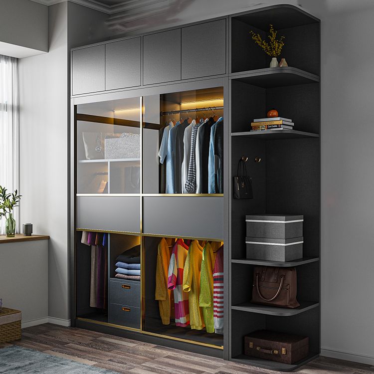 Grey Contemporary Wardrobe Closet Sliding Wardrobe Armoire with Drawer Clearhalo 'Armoires & Wardrobes' 'armoires_wardrobes' 'Bedroom Furniture' 'furn' 'furn_armoires_wardrobes' 'Furniture' 1200x1200_ac50fcf2-60fc-4e18-82ee-7b73b10cdb34