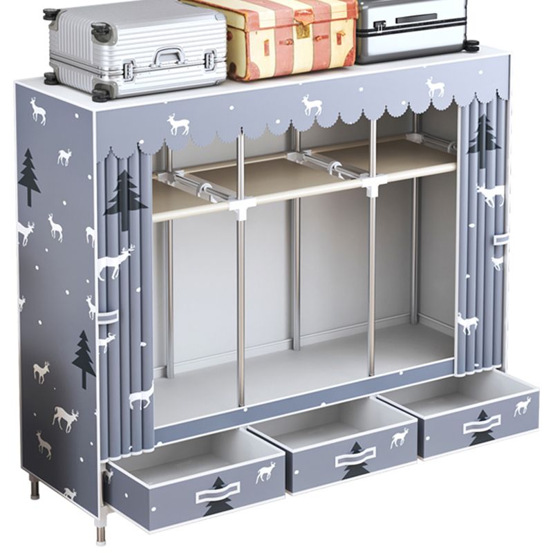 Modern Style Wardrobe Armoire Silver Steel Frame Wardrobe with Drawer Clearhalo 'Armoires & Wardrobes' 'armoires_wardrobes' 'Bedroom Furniture' 'furn' 'furn_armoires_wardrobes' 'Furniture' 1200x1200_ac65d7cf-6624-4390-88ca-f1684046fd02