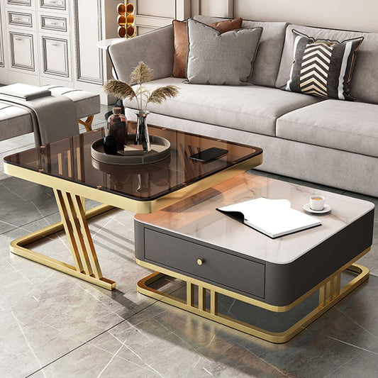 グラムフレームコーヒーテーブルガラス/スレートスクエアカクテルテーブルと引き出し付き