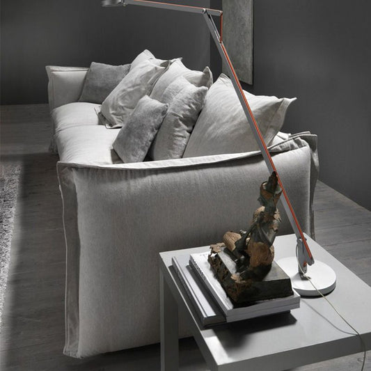 3-seater Linen Slipcovered Sofa Round Arm Sofa with 4 Pillows