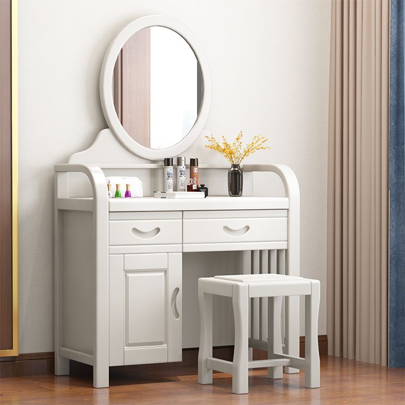 Tradizionale tavolo da toeletta in legno massiccio a 2 cassetti con sgabello da vanità per trucco a specchio