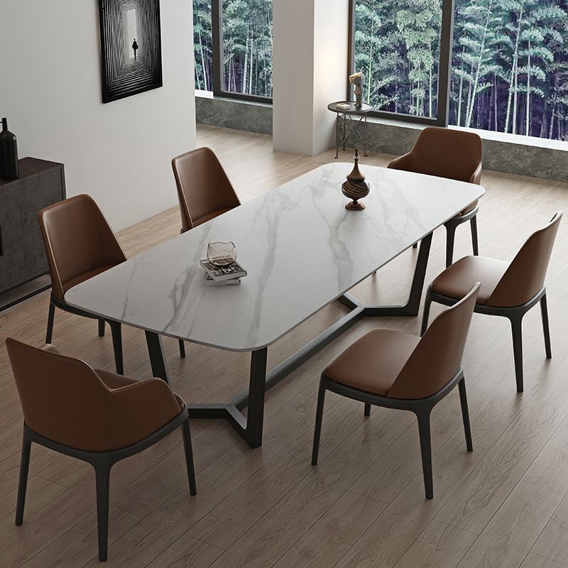 Rectangle Trestle Base Industrial Table White Fixed Table with Sintered Stone Clearhalo 'Dining Tables & Seating' 'Dining Tables' 'dining_table' 'furn' 'furn_dining_table' 'Furniture' 'furniture_dining_table' 'Kitchen & Dining Furniture' 1200x1200_ace12fd7-f5f2-4442-9723-12083733fe68