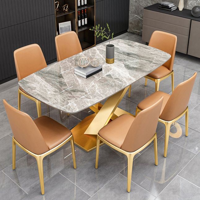 Gray Sintered Stone Dining Table Traditional Luxury Dining Table with Gold Frame Clearhalo 'Dining Tables & Seating' 'Dining Tables' 'dining_table' 'furn' 'furn_dining_table' 'Furniture' 'Kitchen & Dining Furniture' 1200x1200_acf05c91-702f-4eec-85e3-c584f452ba81