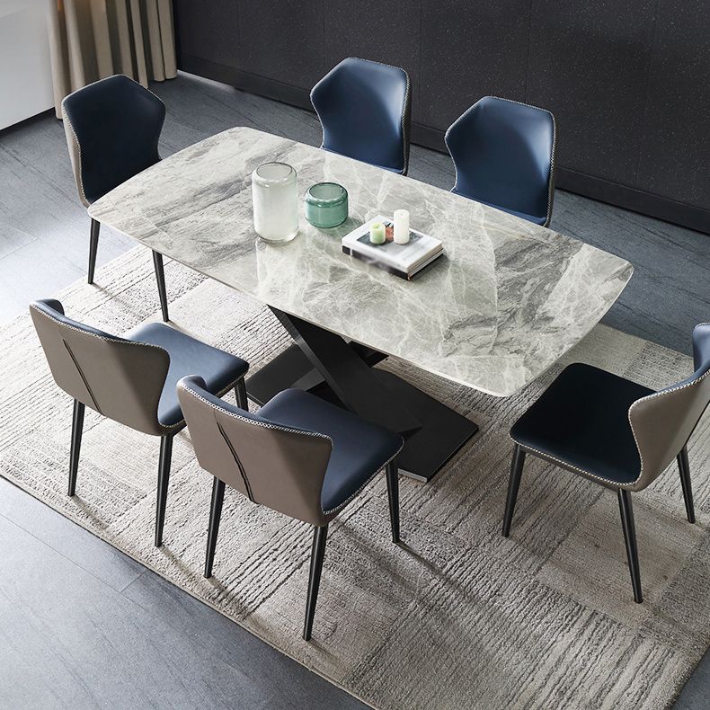 Luxury Sintered Stone Top Dining Table Rectangle Dining Table with Metal Pedestal in Black