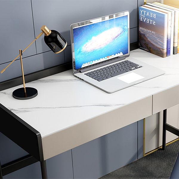 Modern Stone Rectangular Writing Desk 2-Drawers White Office Desk with H-Base Clearhalo 'furn' 'furn_office_desk' 'Furniture' 'Office Desks' 'Office Furniture' 'office_desk' 1200x1200_ad0777d3-214d-4785-b4b1-12cebe6fb75e