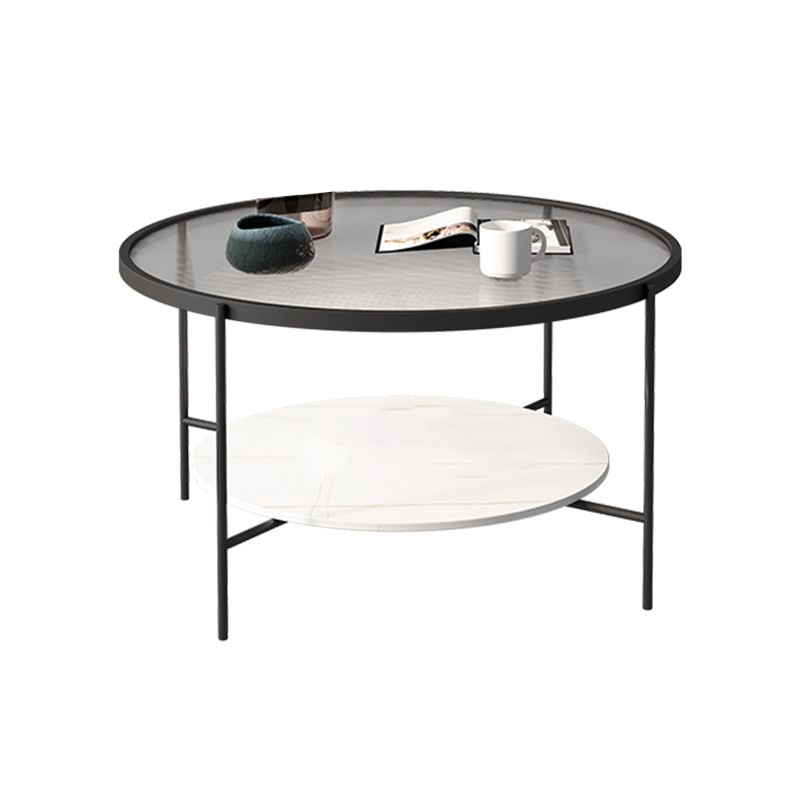 Modern Round Glass & Slate Coffee Cocktail Table with Storage Shelf