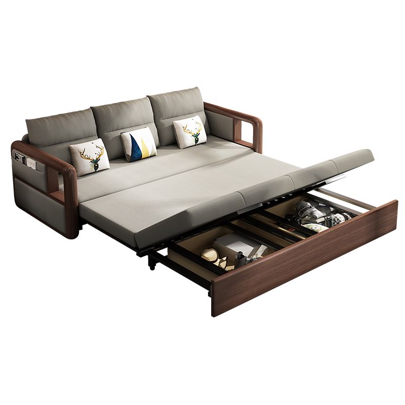 Fabric Sewn Pillow Back Sofa Round Arm Sofa Bed in Walnut Finish